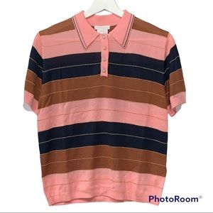 Foxiedox Striped Knit Polo Shirt Metallic Thread Pearl Buttons Short Sleeve Sz L